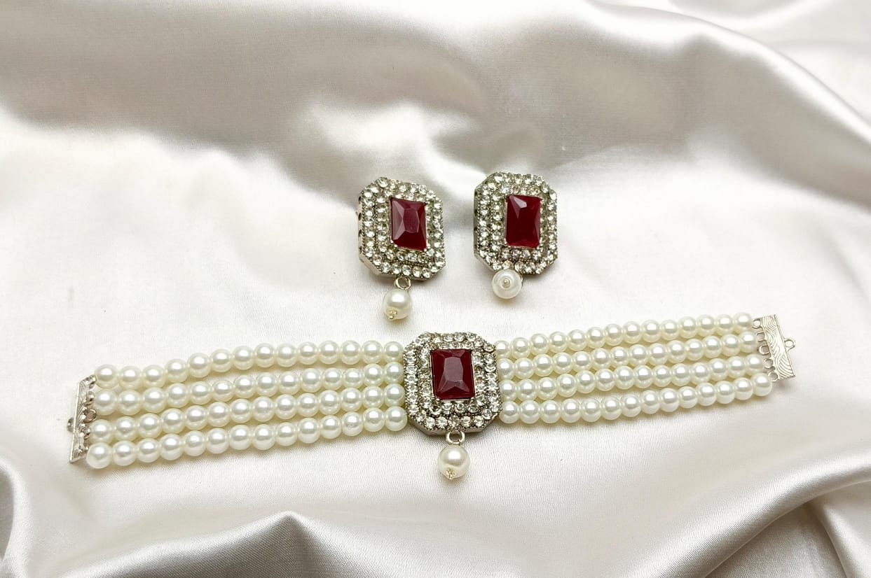 NP03_Elegant Maroon Pearl Choker Necklace Set