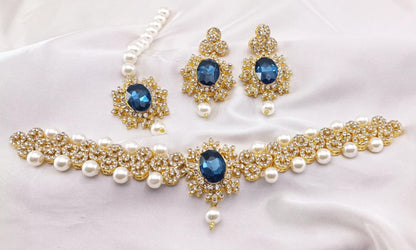 GN02_Elegant Golden Navy Blue Necklace Set