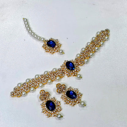 GN02_Elegant Golden Navy Blue Necklace Set