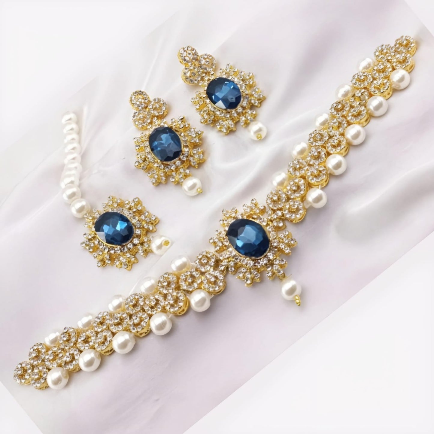 GN02_Elegant Golden Navy Blue Necklace Set